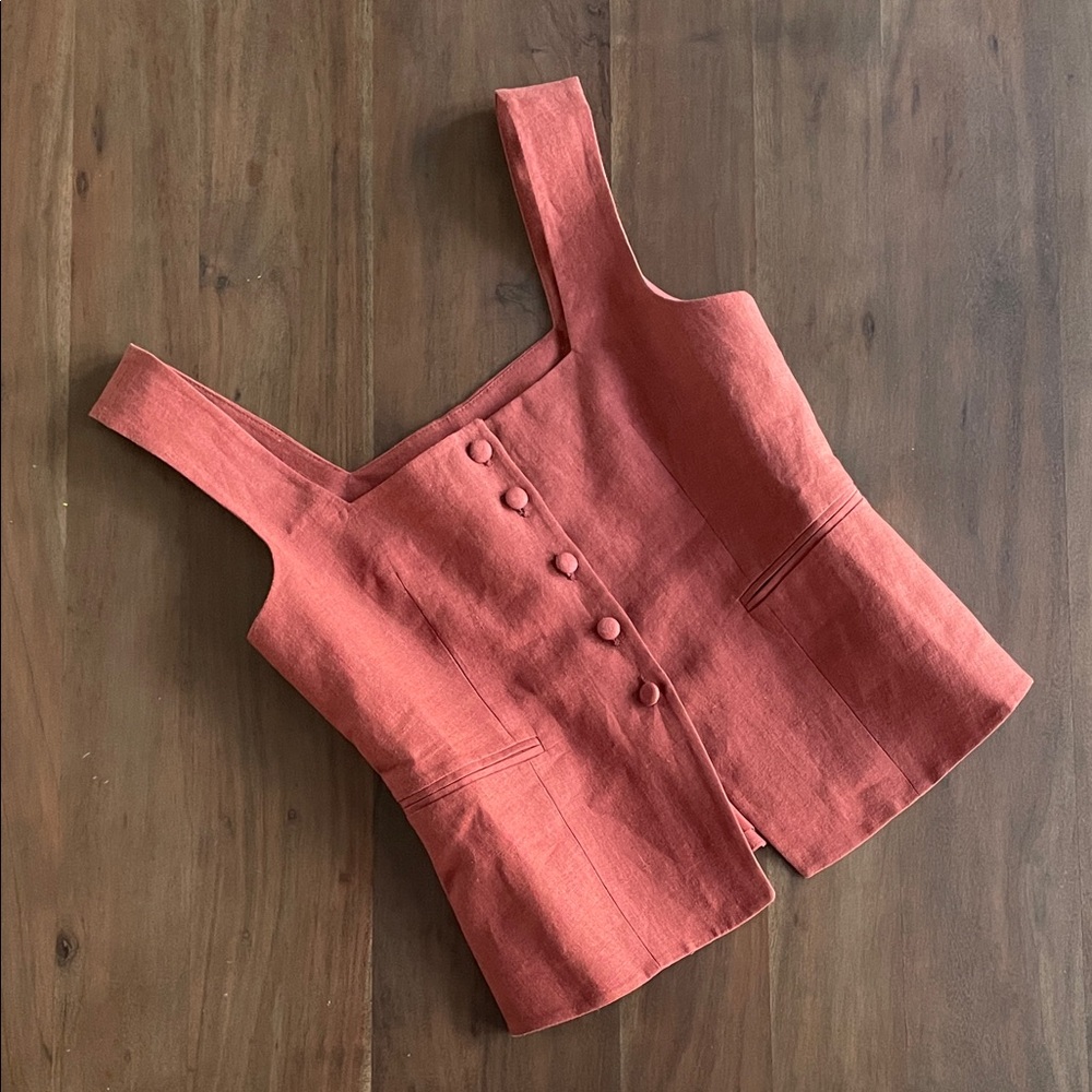 Sezane Rust Red Linen Button Front Corset Top